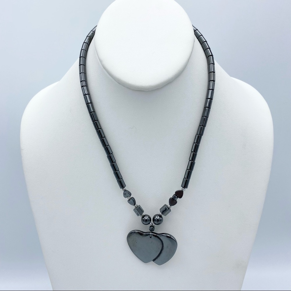 Hematite Hearts Pendant Beaded Statement Necklace